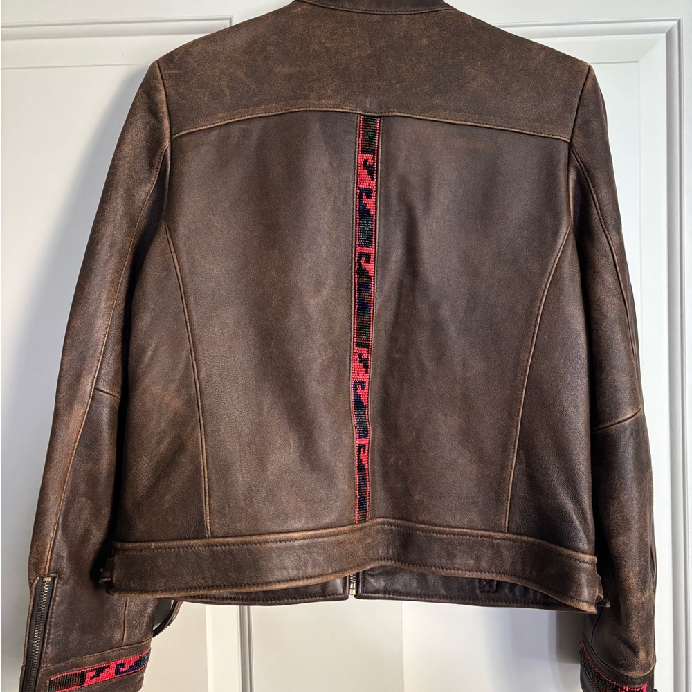 Vintage brown leather jacket with beading